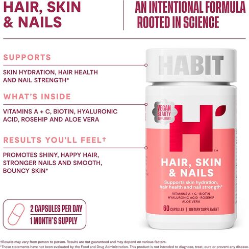 HABIT Hair, Skin & Nails Supplement 2 Pack (120 Capsules) - New Look, Supports Skin Hydration, Hair & Nail Strength, Biotin 2000mcg, Vitamin A & C, Hyaluronic Acid, Rosehip, Vegan, Non-GMO in Kuwait