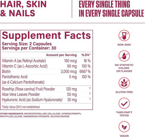 HABIT Hair, Skin & Nails Supplement 2 Pack (120 Capsules) - New Look, Supports Skin Hydration, Hair & Nail Strength, Biotin 2000mcg, Vitamin A & C, Hyaluronic Acid, Rosehip, Vegan, Non-GMO in Kuwait