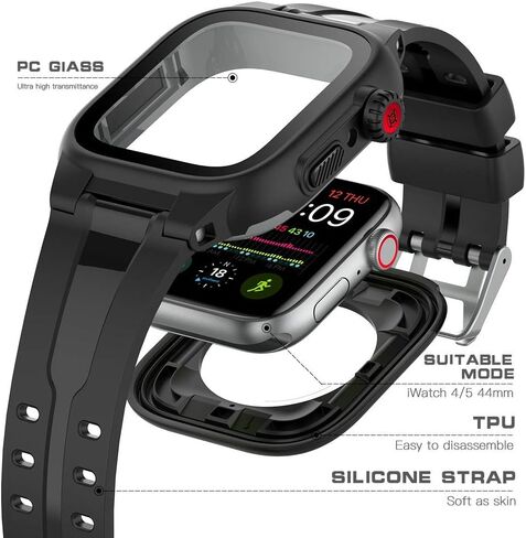 Apple Watch 44mm Waterproof Case, Full Body Protection Case with Built-in Screen Protector, Shockproof iWatch Band for Apple Watch 6/5/4/SE 44mm, Black in Saudi Arabia