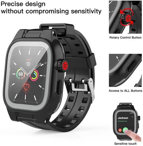 Apple Watch 44mm Waterproof Case, Full Body Protection Case with Built-in Screen Protector, Shockproof iWatch Band for Apple Watch 6/5/4/SE 44mm, Black in Saudi Arabia
