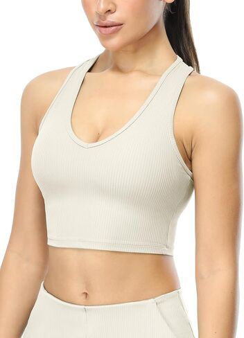 icyzone Ribbed Padded Workout Sports Bras for Women, V Neck Racerback Athletic Yoga Crop Tops with Built in Bra in Saudi Arabia