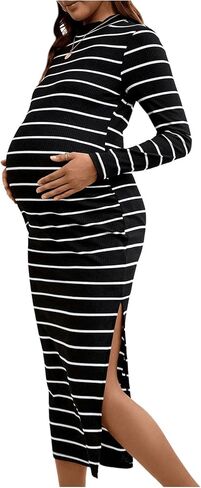 MakeMeChic Women's Maternity Dress Striped Mock Neck Long Sleeve Dresses Split Thigh Slim Fit Bodycon Dress in Saudi Arabia