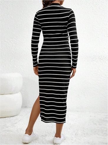 MakeMeChic Women's Maternity Dress Striped Mock Neck Long Sleeve Dresses Split Thigh Slim Fit Bodycon Dress in Saudi Arabia