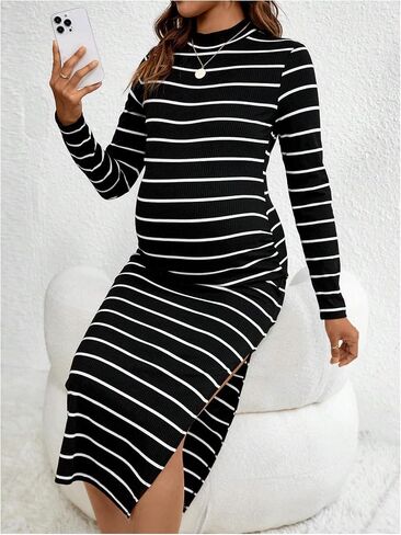 MakeMeChic Women's Maternity Dress Striped Mock Neck Long Sleeve Dresses Split Thigh Slim Fit Bodycon Dress in Saudi Arabia