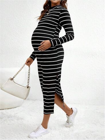 MakeMeChic Women's Maternity Dress Striped Mock Neck Long Sleeve Dresses Split Thigh Slim Fit Bodycon Dress in Saudi Arabia