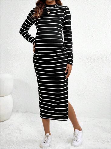 MakeMeChic Women's Maternity Dress Striped Mock Neck Long Sleeve Dresses Split Thigh Slim Fit Bodycon Dress in Saudi Arabia