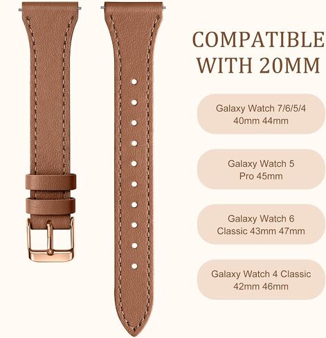 أحزمة جلدية رفيعة من GEAK متوافقة مع Samsung Galaxy Watch 7 Band 40mm 44mm/Watch 6 5 4 Band 40mm 44mm/Watch 5 pro Band 45mm/Watch 6 Classic 43mm 47mm، سوار ساعة من الجلد الطبيعي المحبب العلوي 20 مم in Saudi Arabia