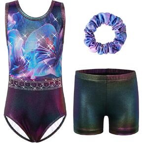TFJH E Girls Gymnastic Leotard Shorts Sets Shiny Diamond Ballet Dancewear Practice Matching Bottoms Scrunchie 3-12Y