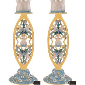 Hand-Painted Blue Flower and Star of David Shabbat Candlestick (2-Piece Set)