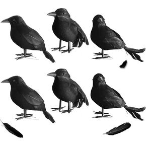 12 Packs Real Feathered Halloween Black Crows, Handmade Realistic Crow with Real Feathers Raven Birds for Yard Tree Garden Patio Indoor Outdoor Halloween Decorations