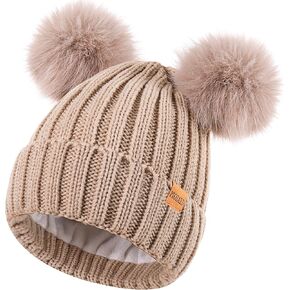 Women's Winter Warm Knit Beanie with Faux Fur Pom Skull Cap Cozy Fleece Lined Hat for Women