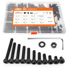 630PCS M3 x 4/5/6/8/10/12/14/16/18/20/25mm Button Head Socket Cap Screws Bolts And Nuts Flat Washers Assortment Kit, 10.9 Grade Alloy Steel, Black Oxide Finish Metric Machine Allen Hex Drive