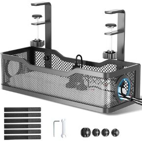 Cable Management Under Desk Tray, Under Desk Cable Management No Drill, Cable Management Box with Clamp for Desk Wire Management, Desk Cord Organizer for Office, Home - No Damage to Desk (Black)