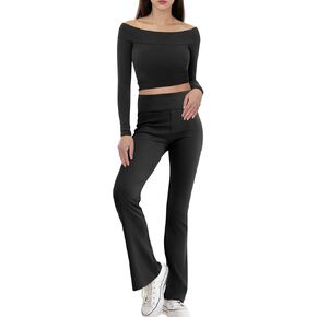 Ugerlov Women's 2 Piece Outfits Lounge Sets Long Sleeve Crop Tops Fold-over Flare Pants Matching Pajamas Set
