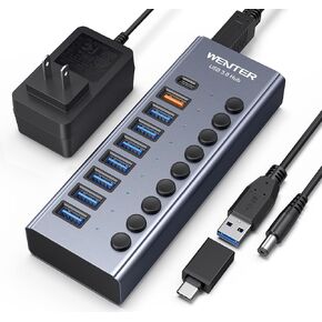 Powered USB Hub for PC - Wenter 9 in 1 USB Hub Splitter (7 Fast Data Transfer & USB-A & USB-C Fast Charging Port) with Individual Switches & Power Adapter, Aluminum USB 3.0 Hub Powered for Laptop in Kuwait