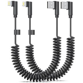 90 Degree Coiled Lightning Cable, 2 Pack, 3 FT, Right Angle Short iPhone Charger Cord [MFi Certified], USB A to Lightning Apple CarPlay Cable Compatible with iPhone 14/13/12/11 Pro Max XS XR X - Black