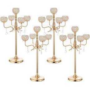 4 Pack 5 Arms Gold Candle Holder,Crystal Candelabra Centerpiece with Crystal Drops for Dinner Party Anniversary Celebration and Wedding Decoration 32.3 Inches Tall