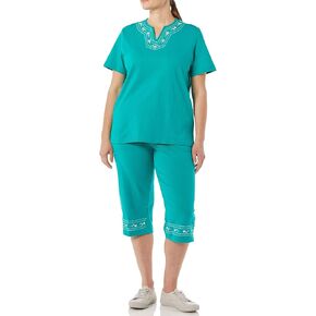 AmeriMark Embroidered Floral Trim Capri Set - Women’s Capri Top & Pants Outfit