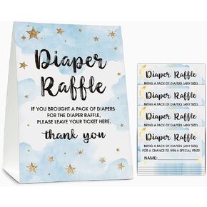 Gihyan Diaper Raffle Baby Shower Game Set(1 Standing Sign + 50 Guessing Cards), Moon and Star Diaper Raffle Tickets for Baby Shower, Twinkle Twinkle Little Star Baby Shower Party Favor Decor - A24