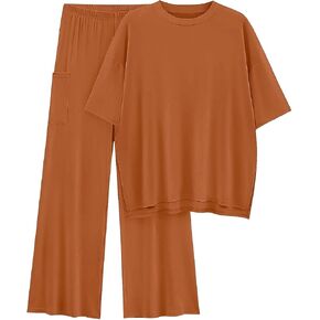 Tankaneo Womens Knit 2 Piece Sets Summer Outfits Short Sleeve Shirts and Wide Leg Pants Travel Matching Lounge Sets