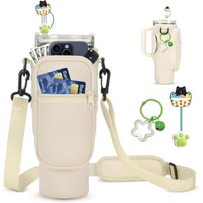 FYD Water Bottle Carrier Bag for Stanley 40oz Tumbler with Phone Pocket Neoprene Water Bottle Holder Pouch with Adjustable Strap, Straw Cover & Keychain for Stanley Cup Accessories (Black)
