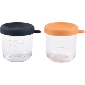 Beaba 2 Pack Glass Baby Food Jars, Freezer, Sterilizer, and Dishwasher Safe, 8 oz Baby Food Storage Jars with Silicone Air Tight Lid, Midnight