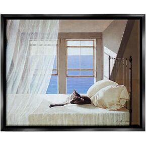 Stupell Industries Cat Resting on White Oceanside Bed Nautical Painting, Floater Frame, Design by Zhen-Huan Lu