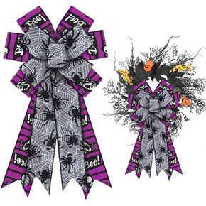Large Halloween Bows for Wreath, Burlap Purple Spider Wreath Bow for Fall Halloween Décor Spider Web Orange Bows for Front Door Indoor Outdoor Wall Tree Topper Decoration Supplies Halloween Ornament