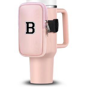 Initial Water Bottle Carrier Bag for Stanley-Tumbler pouch with Zipper Pocket Travel mug pouch- Personalized A-Z Phone Pocket for Stanley Cup Accessories - Detachable Large Phone Pocket