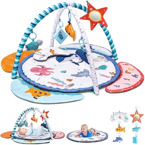 | Baby Gym Play Mat | Stage-Based Sensory & Motor Development with 6 Detachable Toys Activity Play Mat with Tummy Time Pillow for Babies Infant