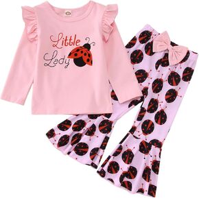 Toddler Baby Girls Outfits Ladybug Letter Graphic Shirt Ruffle Long Sleeve Tops Flare Pants Set Fall Clothes