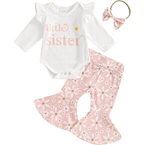 Newborn Baby Girl Fall Outfits Ribbed Long Sleeve Ruffle Romper Floral Flared Pants Headband Set 3Pcs Winter Clothes in Kuwait