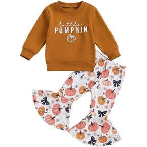 FYBITBO Halloween Outfits For Toddler Girls Cute Long Sleeve Sweatshirt Pumpkin Flare Pants Toddler Girl Fall Clothes Set