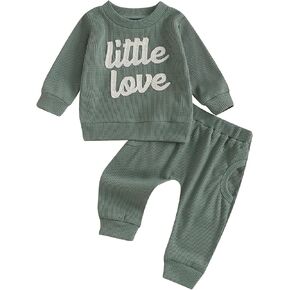 Winioder Baby Girl Boy Fall Clothes Cute Letter Embroidery Long Sleeve Sweatshirt Pants Set Toddler 2Pcs Waffle Knit Outfit