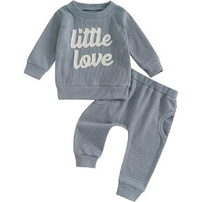Winioder Baby Girl Boy Fall Clothes Cute Letter Embroidery Long Sleeve Sweatshirt Pants Set Toddler 2Pcs Waffle Knit Outfit
