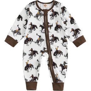 Fall Clothes Infant Baby Boy Western Cowboy Long Sleeve Romper Jumpsuit Zipper Bodysuit Newborn One Piece Outfit