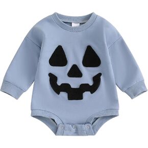 Halloween Newborn Baby Boy Outfit Long Sleeve Sweatshirts Rompers Pumpkin Face Patch Infant Fall Winter Clothes