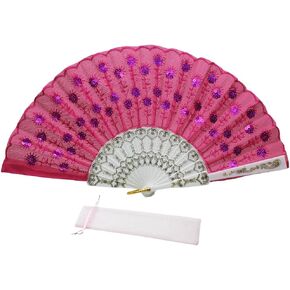 Newstarfactory Folding Fans for Women,Handmade Elegant Colorful Embroidered Flower Peacock Pattern Sequin Fabric Folding Fans (Yellow)