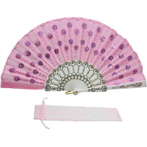 Newstarfactory Folding Fans for Women,Handmade Elegant Colorful Embroidered Flower Peacock Pattern Sequin Fabric Folding Fans (Yellow)