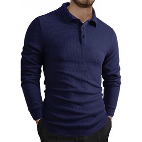 Men's Knit Polo Shirts Long Sleeve Button Down Ribbed Textured Casual Slim Fit Golf Polo T Shirts