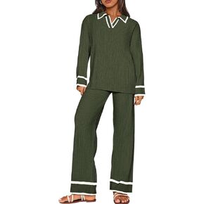 BTFBM Womens 2 Piece Outfits Fall Winter 2024 Long Sleeve V Neck Sweater and Wide Leg Pants Lounge Sets Knit Tracksuits