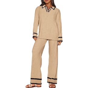 BTFBM Womens 2 Piece Outfits Fall Winter 2024 Long Sleeve V Neck Sweater and Wide Leg Pants Lounge Sets Knit Tracksuits