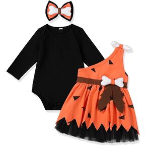 Halloween outfits Baby Girl Long Sleeve Romper Cute Pumpkin Colored Skirt Dress Headband Halloween Infant Clothing Outfit Set