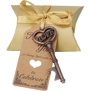 Aokbean 50pcs Skeleton LOVE Key Bottle Openers Pillow Candy Box Escort Thank You Tag Ribbon Wedding Favors Souvenir Gift for Guest Bulk (Antique Silver)