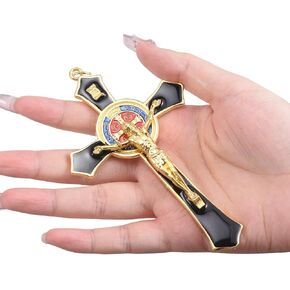 WenRity 4.7 Inch Gold Medalla De San Benito Crucifix Wall Cross Cruz del Perdon Catholic Home Decor Jesus Christ INRI Orthodox Cross Wall Art for Altar Prayer (Blue Enamel)