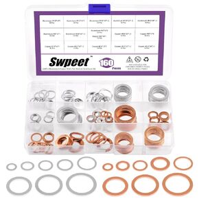 Swpeet 150Pcs 3 Materials Red Copper Aluminum Rubber M10 M12 M14 M16 M18 Oil Drain Plug Gasket Flat Washers Crush Washer Gasket Seal Assortment Kit, Rubber Vibration Damping Pads Sealing Washers