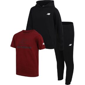 New Balance Boys' Joggers Set - 3 Piece Activewear: Pullover Hoodie, Jogger Sweatpants, and Graphic Tee Shirt for Boys (4-12)
