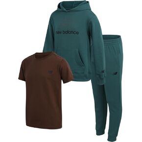 New Balance Boys' Joggers Set - 3 Piece Activewear: Pullover Hoodie, Jogger Sweatpants, and Graphic Tee Shirt for Boys (4-12)