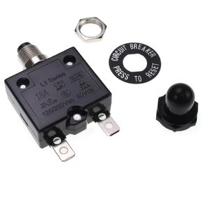 5A Manual Reset Thermal Circuit Breaker, 125-250V AC 50V DC, L1 Series, Push-Button, Black Cap, 5Amp, Widely Used in Household Appliances and Power Supplies