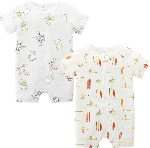 Unisex Summer Trendy 2-Pack Rompers Short Sleeve Zipped Bodysuit Infant Cotton Outfits in Kuwait